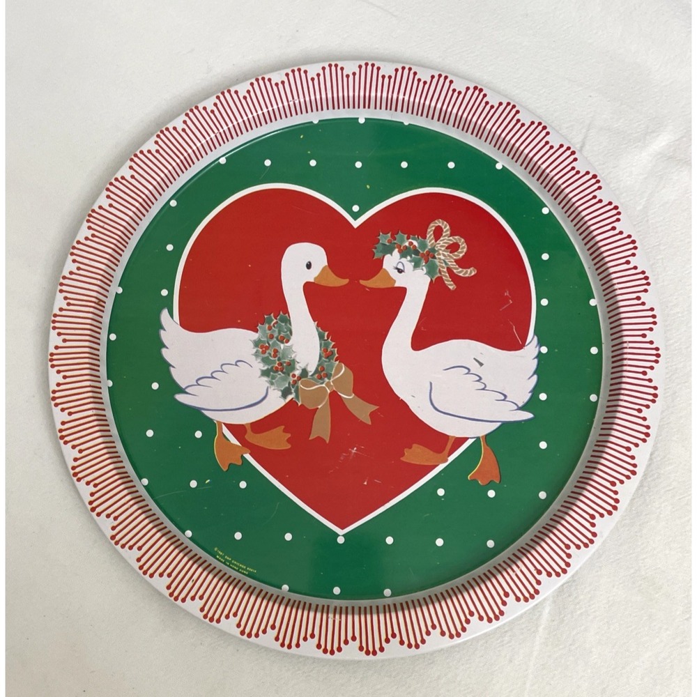 Vtg Christmas Geese Metal Tin Serving Tray Platter 13" D Holiday Seasonal 1987